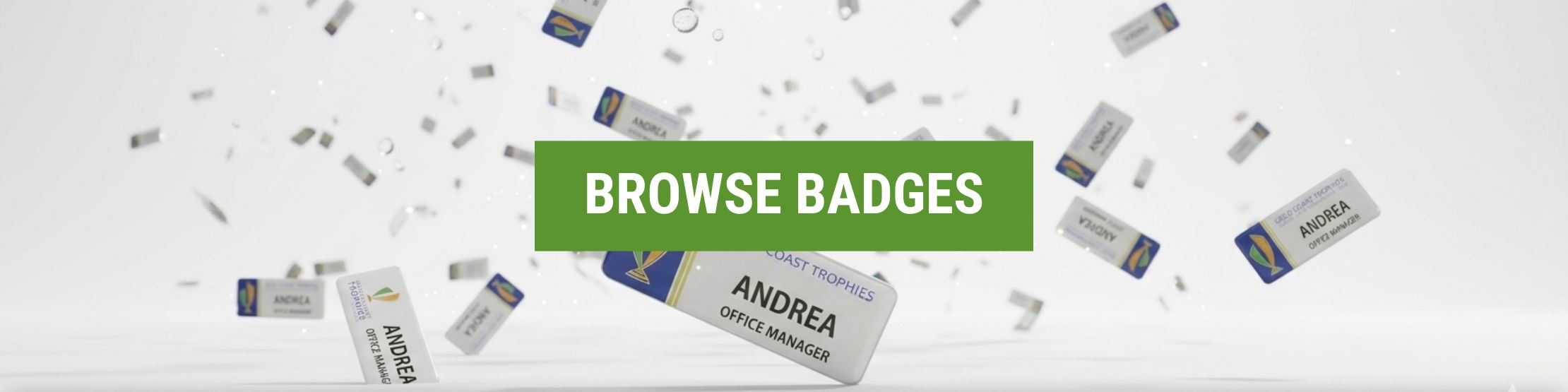 A dynamic 3D rendering of multiple custom Gold Coast Trophies name badges raining down against a bright white background.